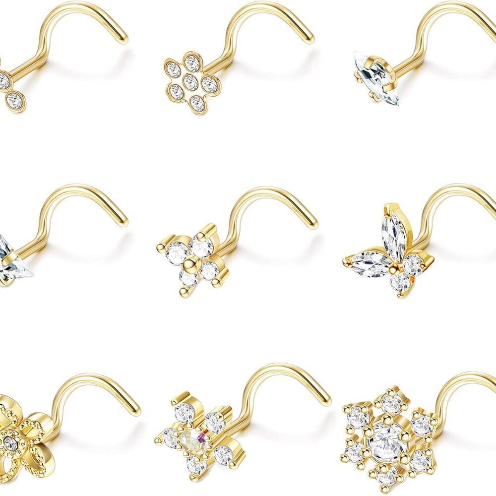 9pcs Nose Rings Studs Hypoallergenic Surgical Steel Cz Snowflake Star Jewelry